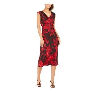 Red Glitter Floral Cap Sleeve Cowl Neck Midi